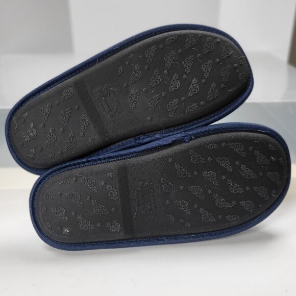 NWOT Laura Ashley navy blue and white polka dot fuzzy slide in slippers size XL - Picture 2 of 3